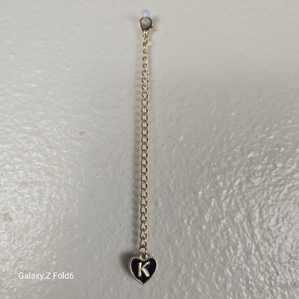Gold-Tone Heart‎ Charm Chain Extender – Black Enamel Heart with Letter "K"